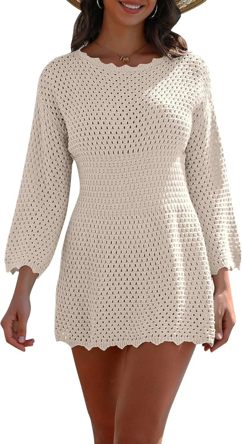 AiMgFUN Womens Swim Crochet Cover up Long Sleeve Bathing Suit Beach Dress Summer Swimwear Coverups