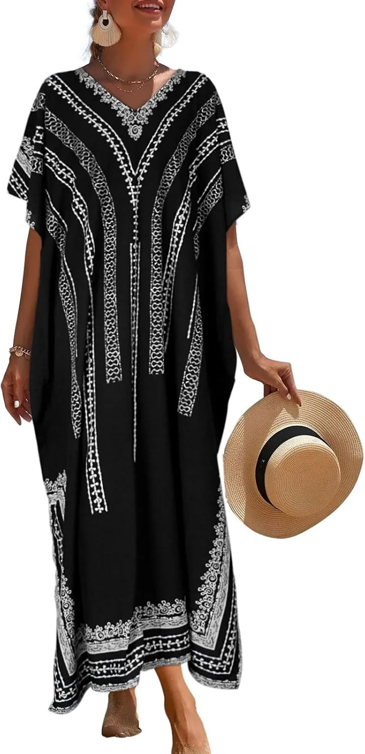 Alsol Lamesa Kaftan Dresses for Women Ethnic Print Cover Ups for Swimwear Women Beach Bathing Suit Coverup