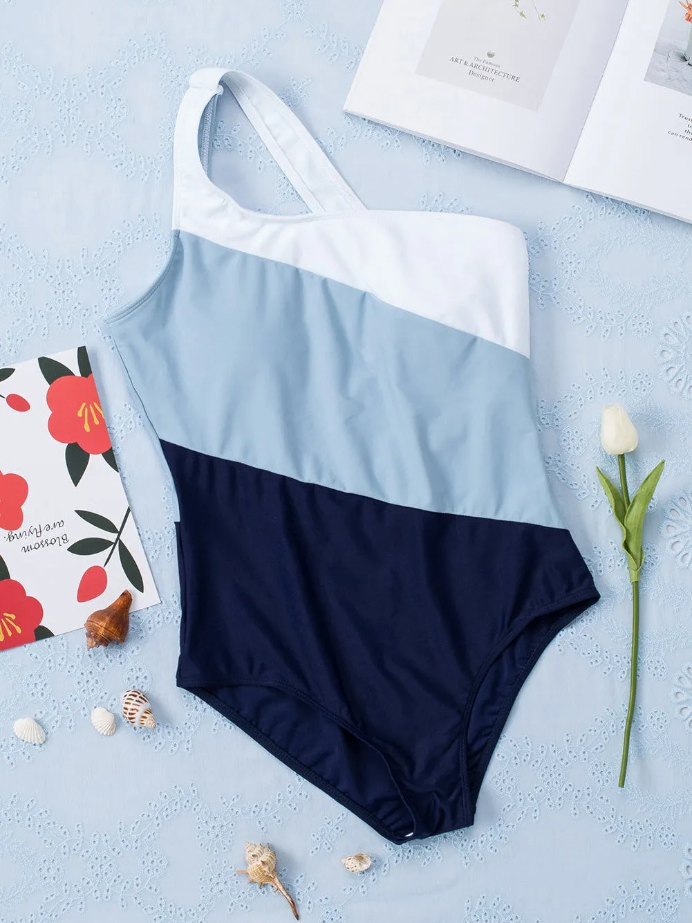 Asymmetrical Neckline Color Block Swimsuit