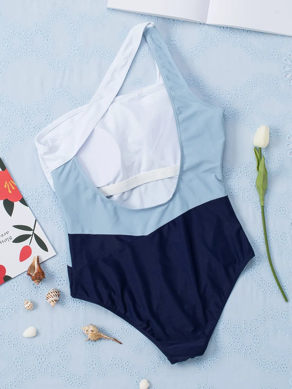 Asymmetrical Neckline Color Block Swimsuit
