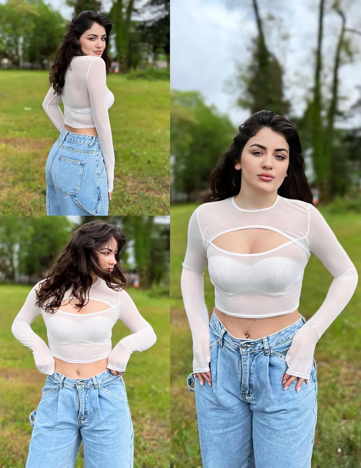 Avidlove Women Mesh Crop Top Long Sleeve Tee Shirt Sheer Blouse Cutout Clubwear