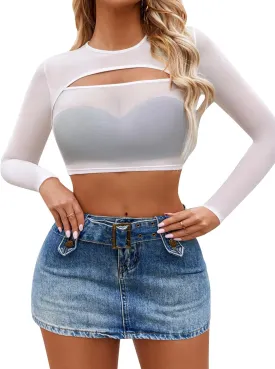 Avidlove Women Mesh Crop Top Long Sleeve Tee Shirt Sheer Blouse Cutout Clubwear