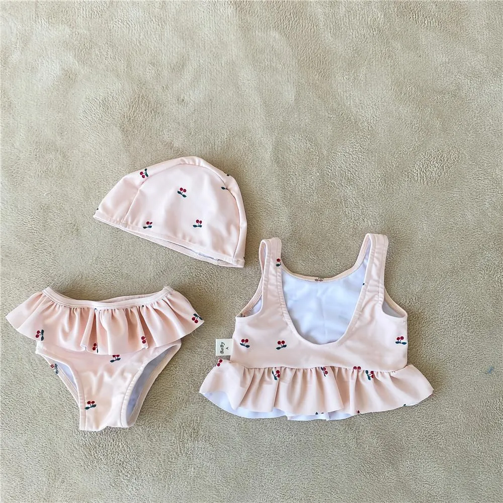 Baby Children's Split Swimsuit, Swimming Cap, Small Cherry Beach Swimming Holiday Suit