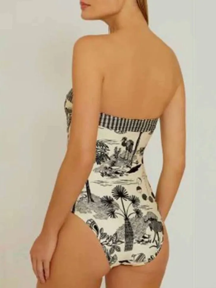 Black and off white animals printed strapless tube one piece swimsuit