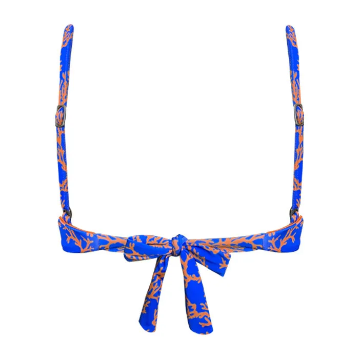 Blue Orange Sea Coral Brazilian Fixed Knot Triangle Bikini Top