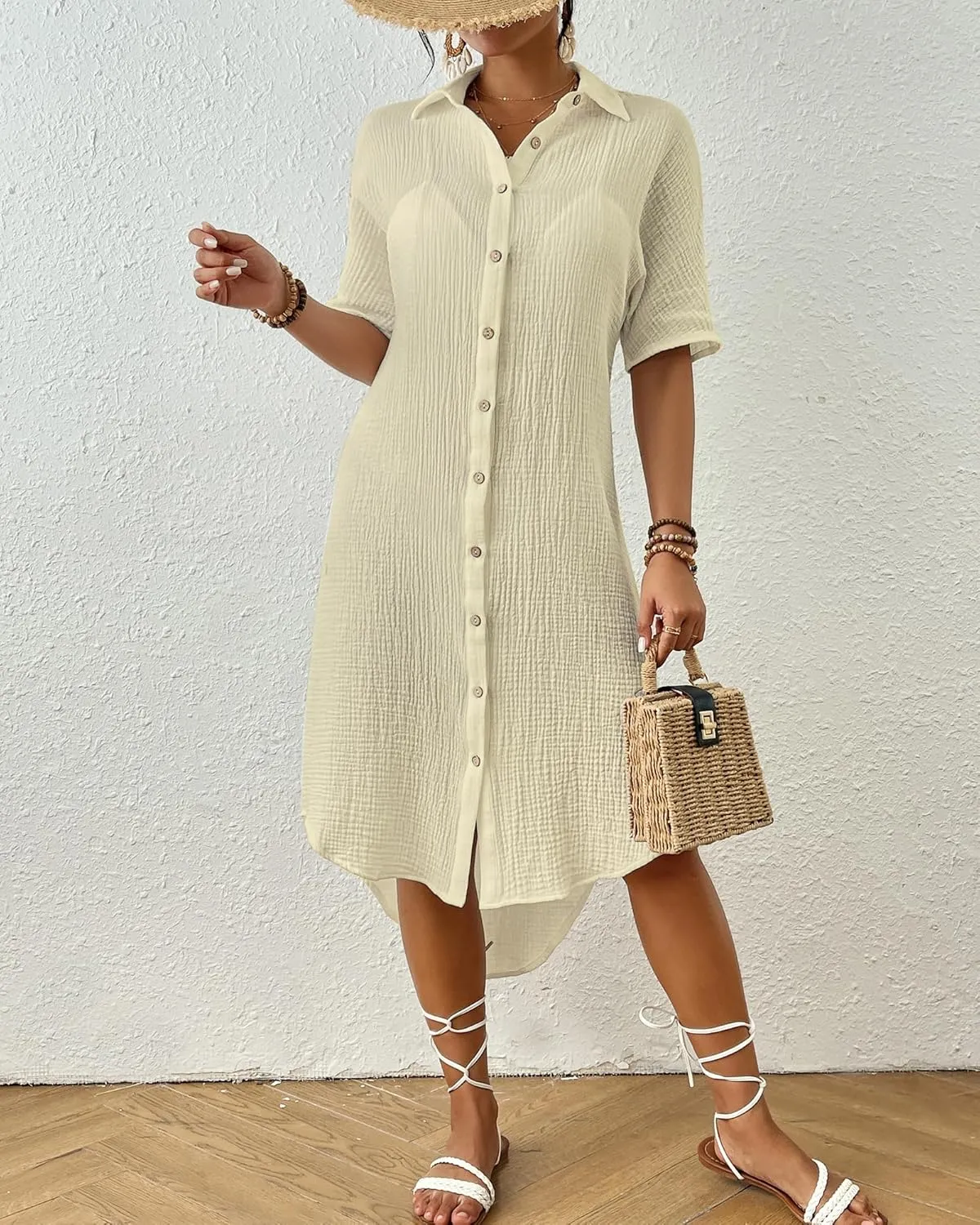 Bsubseach 2025 Cotton Beach Cover Up for Women - Long Button Down Swimsuit Coverup Bathing Suit Shirt Dress Vacation Outfits