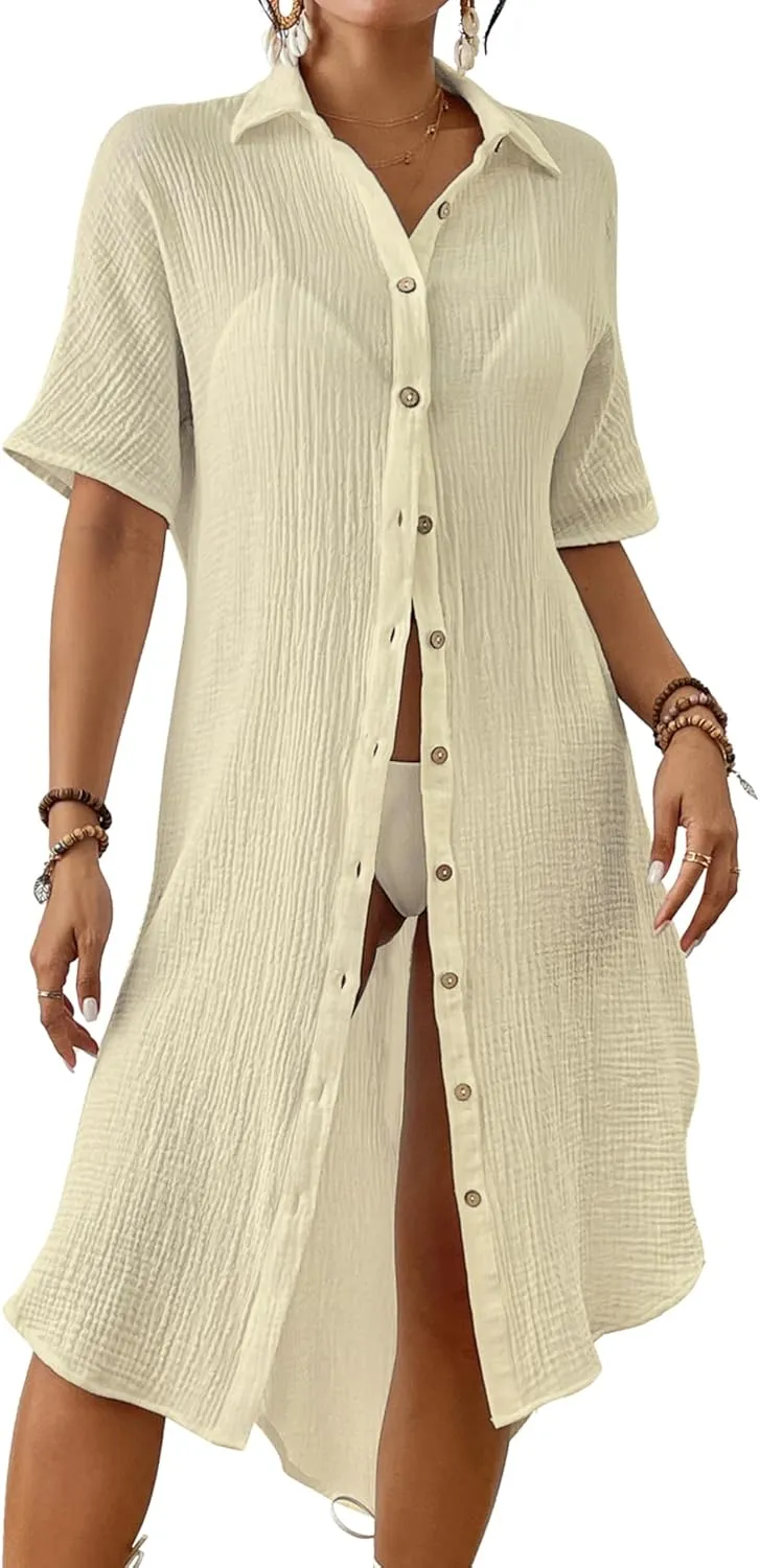 Bsubseach 2025 Cotton Beach Cover Up for Women - Long Button Down Swimsuit Coverup Bathing Suit Shirt Dress Vacation Outfits