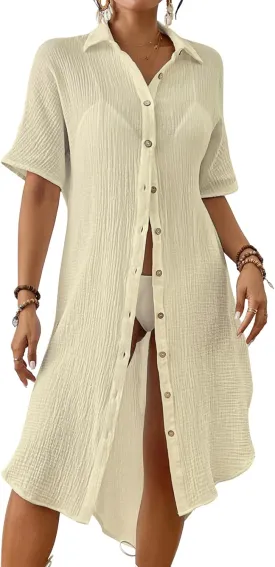 Bsubseach 2025 Cotton Beach Cover Up for Women - Long Button Down Swimsuit Coverup Bathing Suit Shirt Dress Vacation Outfits