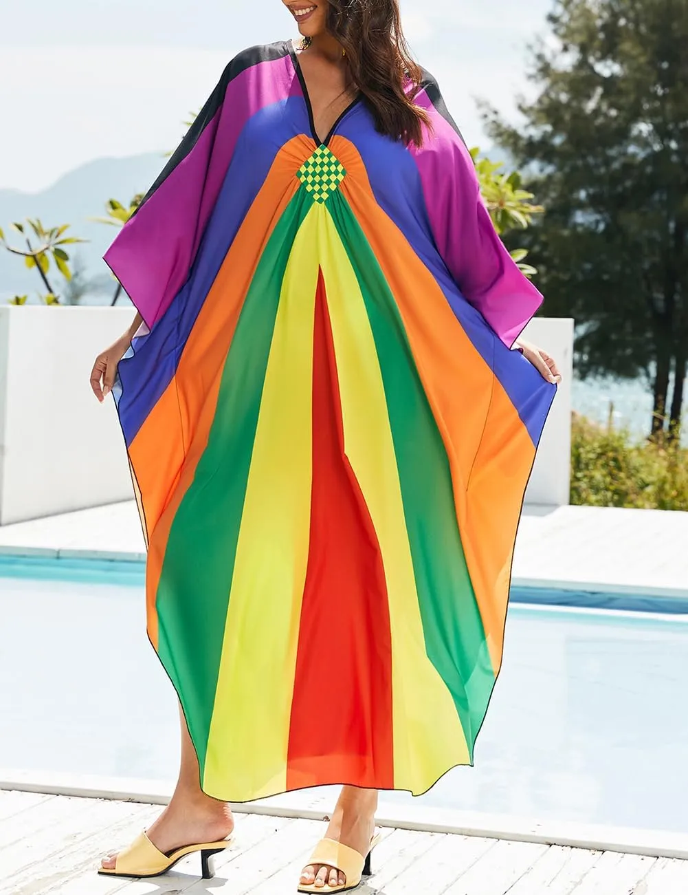 Bsubseach Womens Floral Print Kaftan Dress Plus Size Batwing Sleeve Swimsuit Cover Ups Summer Maxi Kimono Dresses