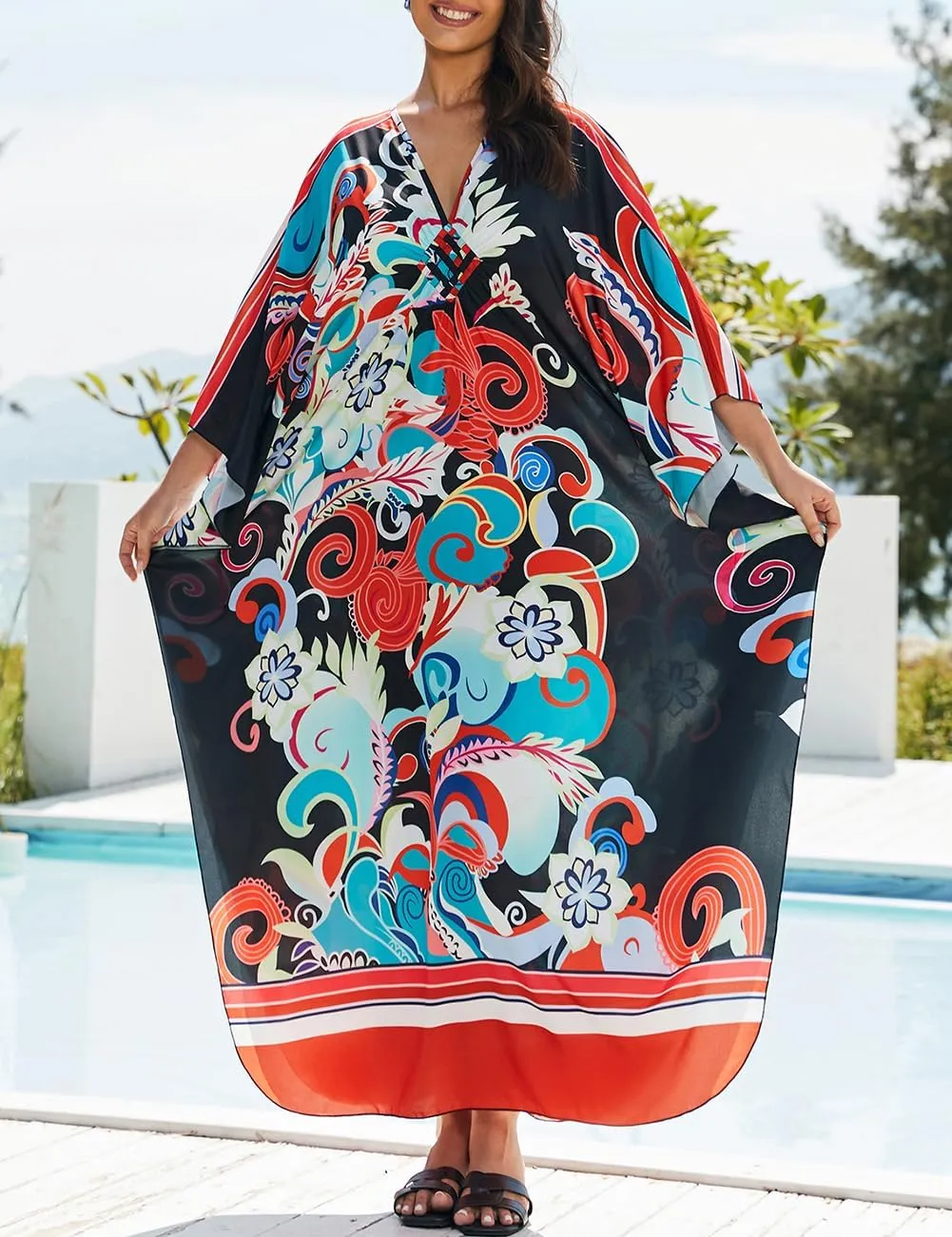 Bsubseach Womens Floral Print Kaftan Dress Plus Size Batwing Sleeve Swimsuit Cover Ups Summer Maxi Kimono Dresses