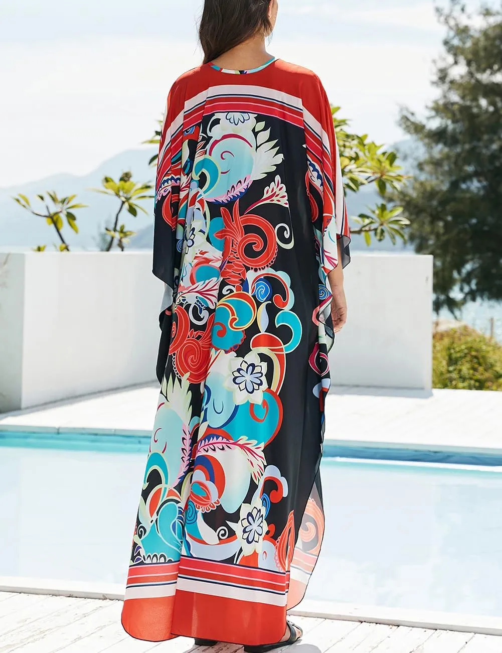 Bsubseach Womens Floral Print Kaftan Dress Plus Size Batwing Sleeve Swimsuit Cover Ups Summer Maxi Kimono Dresses