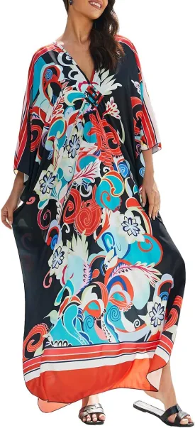 Bsubseach Womens Floral Print Kaftan Dress Plus Size Batwing Sleeve Swimsuit Cover Ups Summer Maxi Kimono Dresses