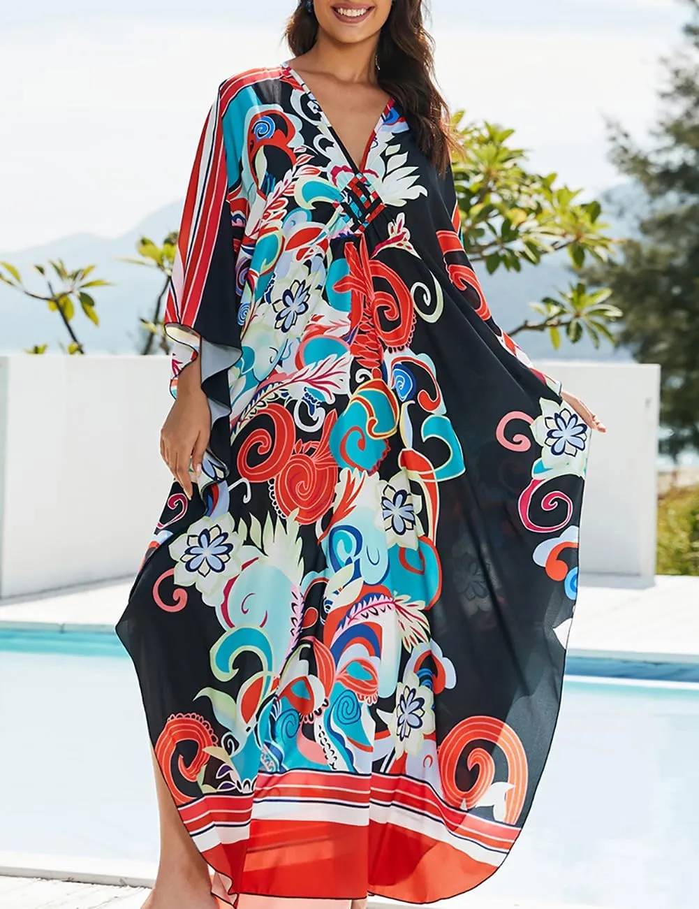 Bsubseach Womens Floral Print Kaftan Dress Plus Size Batwing Sleeve Swimsuit Cover Ups Summer Maxi Kimono Dresses
