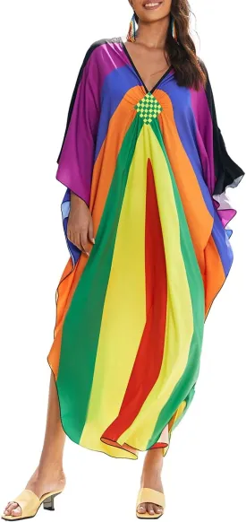 Bsubseach Womens Floral Print Kaftan Dress Plus Size Batwing Sleeve Swimsuit Cover Ups Summer Maxi Kimono Dresses