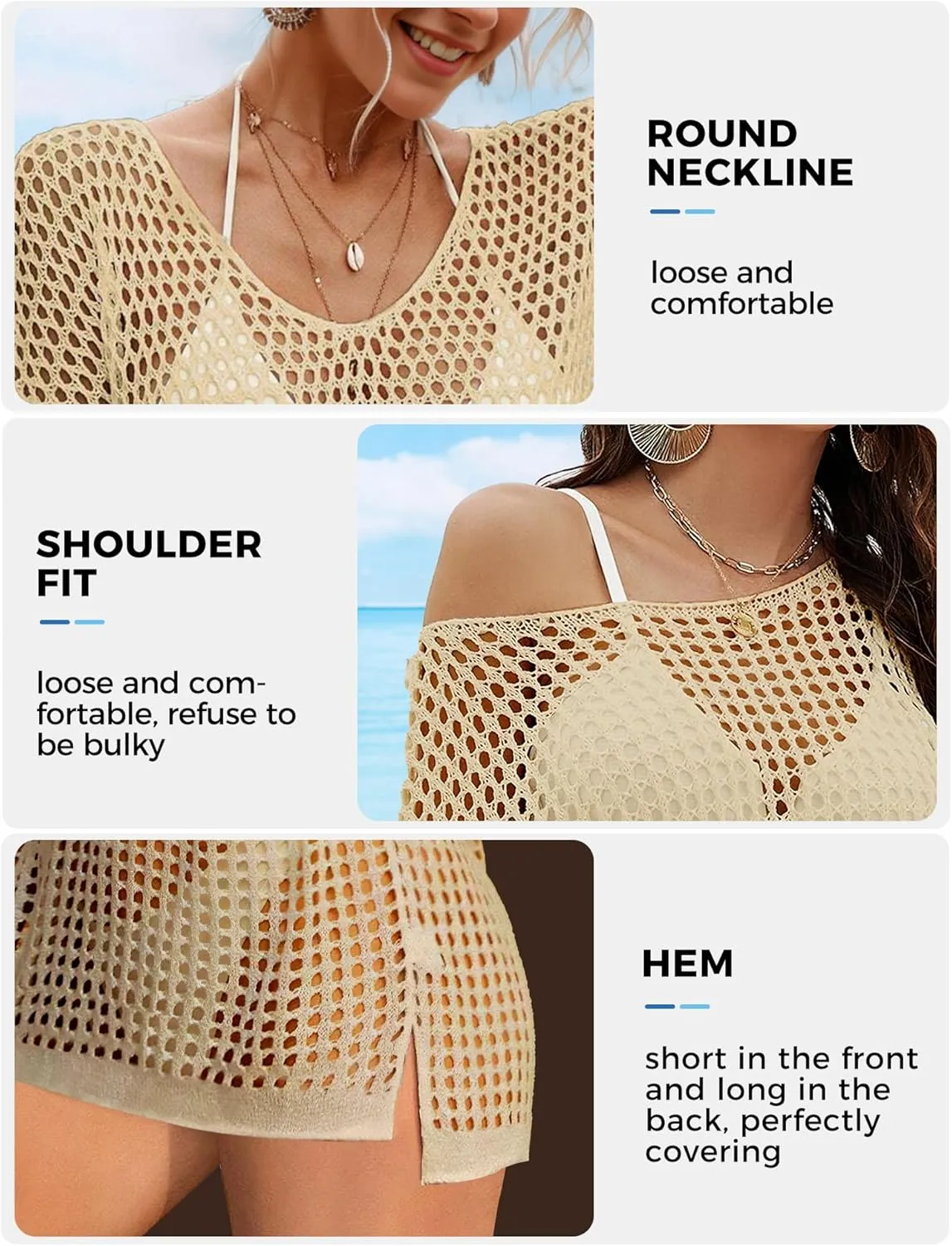 Buauty Women's Swimsuit Crochet Cover Up | Bathing Suit Swimwear Short Sleeve Knit Beach Dress Summer Vacation Outfits