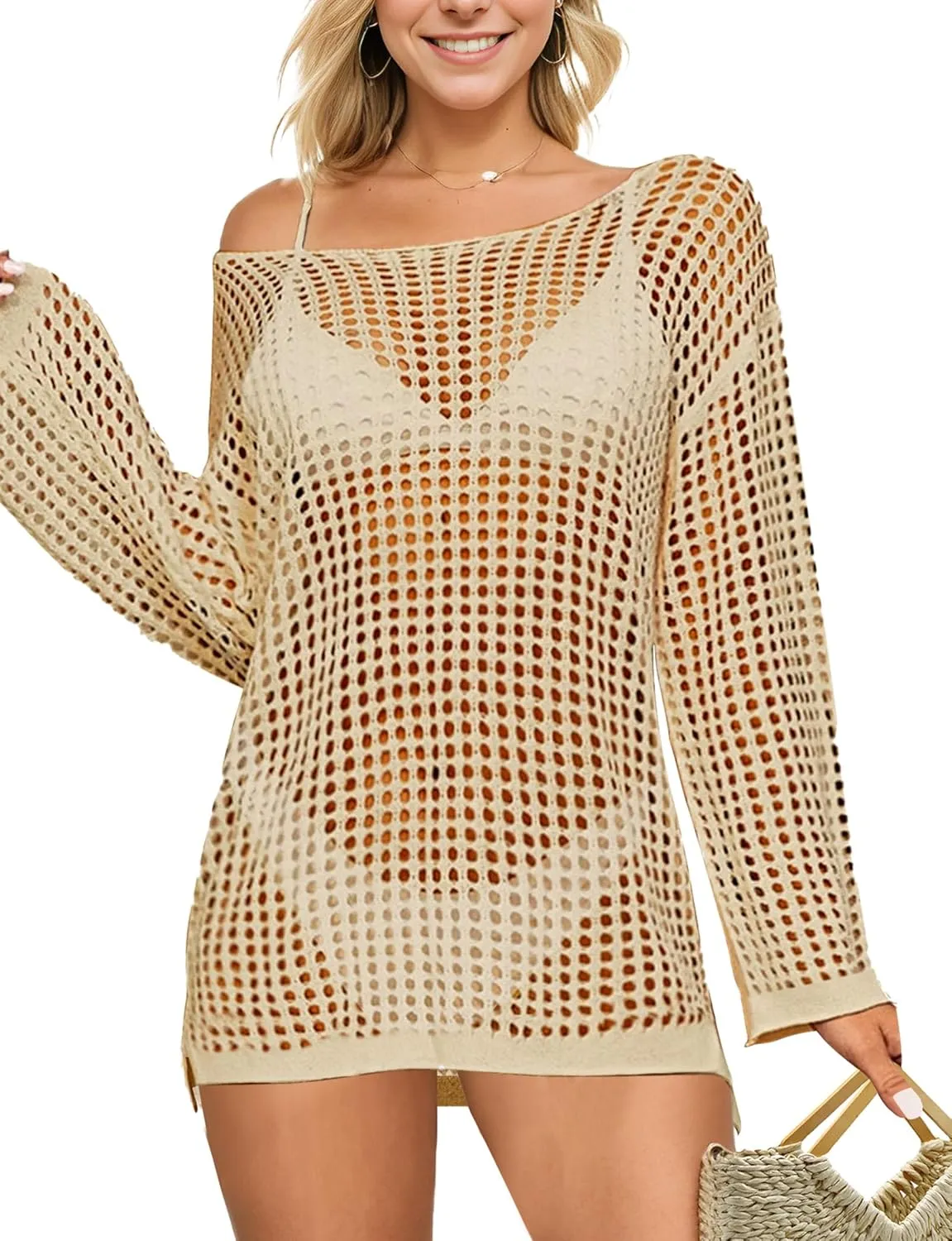 Buauty Women's Swimsuit Crochet Cover Up | Bathing Suit Swimwear Short Sleeve Knit Beach Dress Summer Vacation Outfits