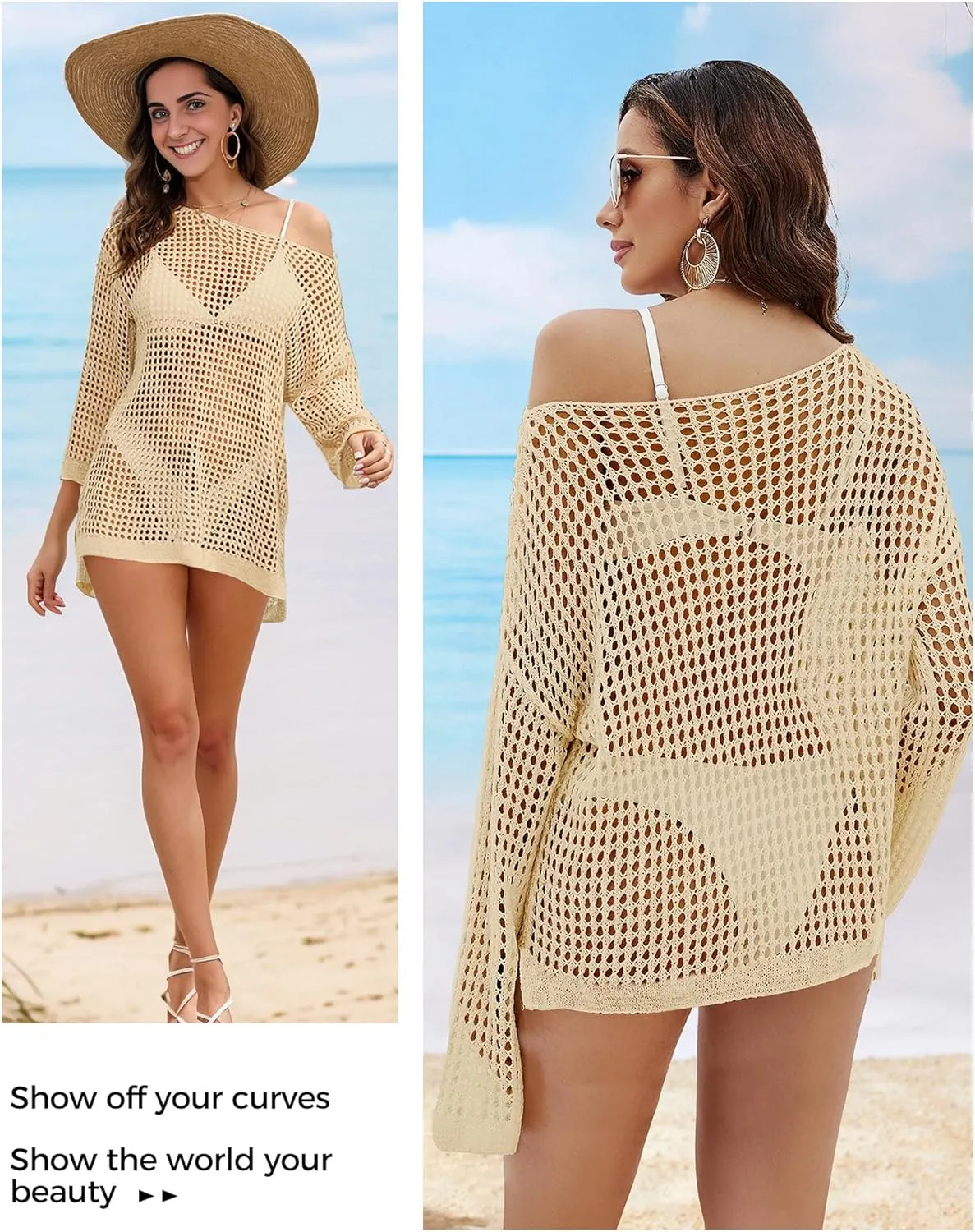 Buauty Women's Swimsuit Crochet Cover Up | Bathing Suit Swimwear Short Sleeve Knit Beach Dress Summer Vacation Outfits