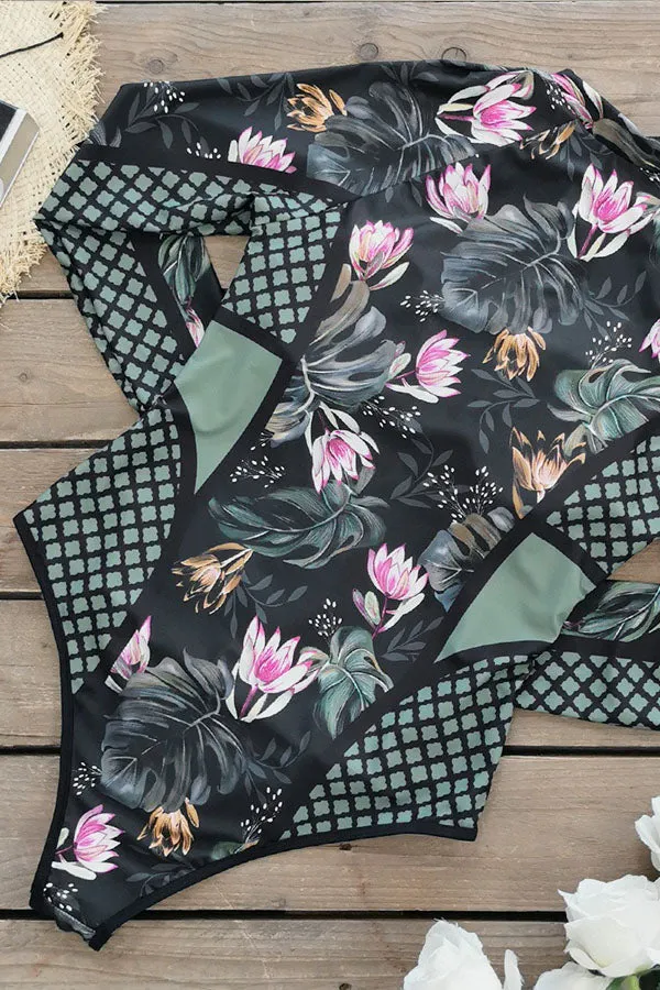 Clearance | Women's Plus Size Nautical long Sleeve Swimsuit Floral Print UPF50  Rash Guard