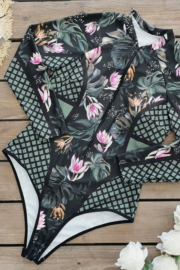 Clearance | Women's Plus Size Nautical long Sleeve Swimsuit Floral Print UPF50  Rash Guard