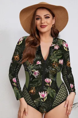Clearance | Women's Plus Size Nautical long Sleeve Swimsuit Floral Print UPF50  Rash Guard