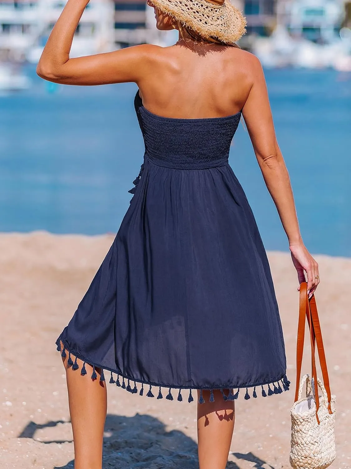 CUPSHE Women Strapless Tube Swimsuit Coverup Smocked Beach Cover Up Dress