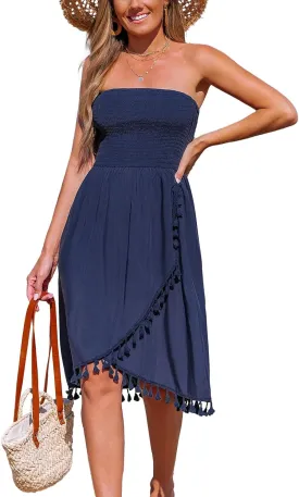 CUPSHE Women Strapless Tube Swimsuit Coverup Smocked Beach Cover Up Dress