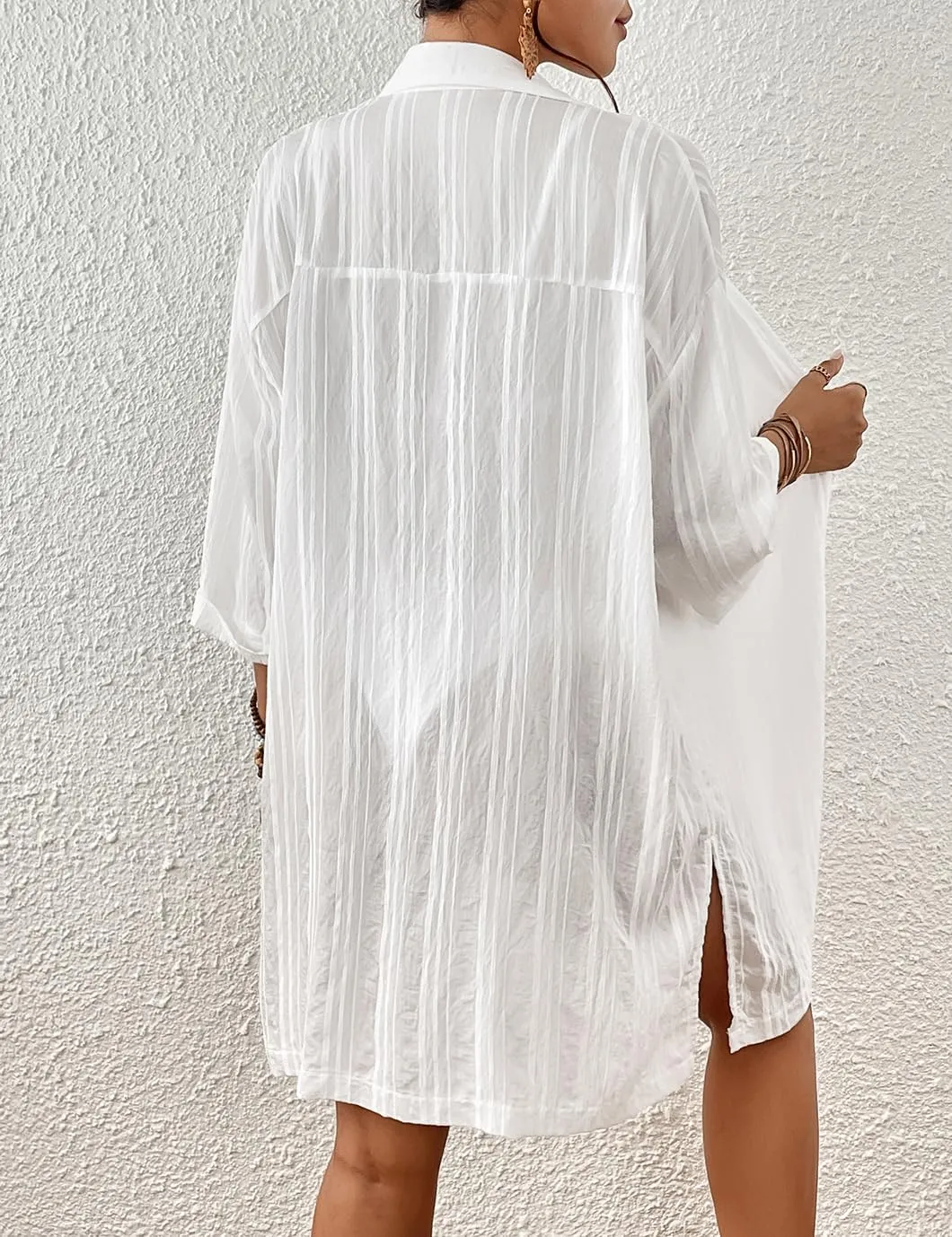 Eddoyee Womens Casual Button Down Shirts V-Neck Long Sleeve Bathing Suit Cover Up Plus Size Beach Shirt Blouses with Pockets