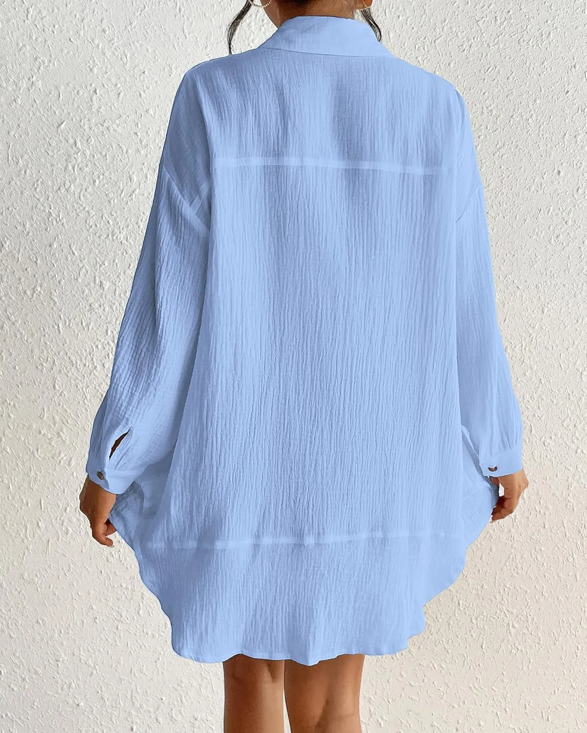 Eddoyee Womens Casual Button Down Shirts V-Neck Long Sleeve Bathing Suit Cover Up Plus Size Beach Shirt Blouses with Pockets