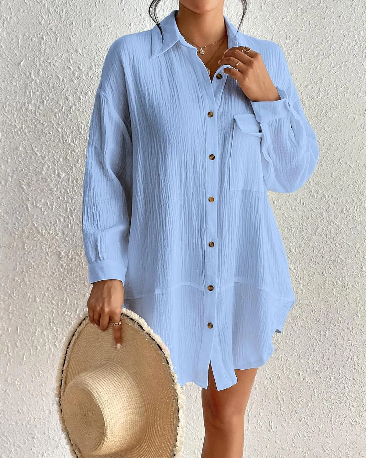Eddoyee Womens Casual Button Down Shirts V-Neck Long Sleeve Bathing Suit Cover Up Plus Size Beach Shirt Blouses with Pockets