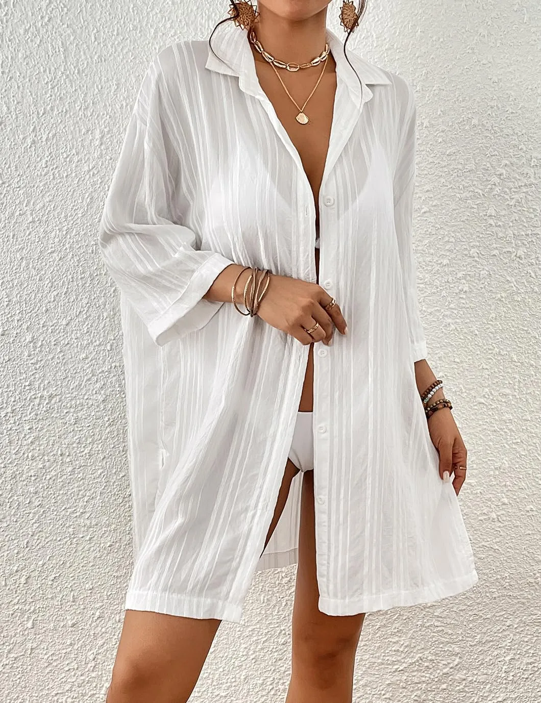 Eddoyee Womens Casual Button Down Shirts V-Neck Long Sleeve Bathing Suit Cover Up Plus Size Beach Shirt Blouses with Pockets