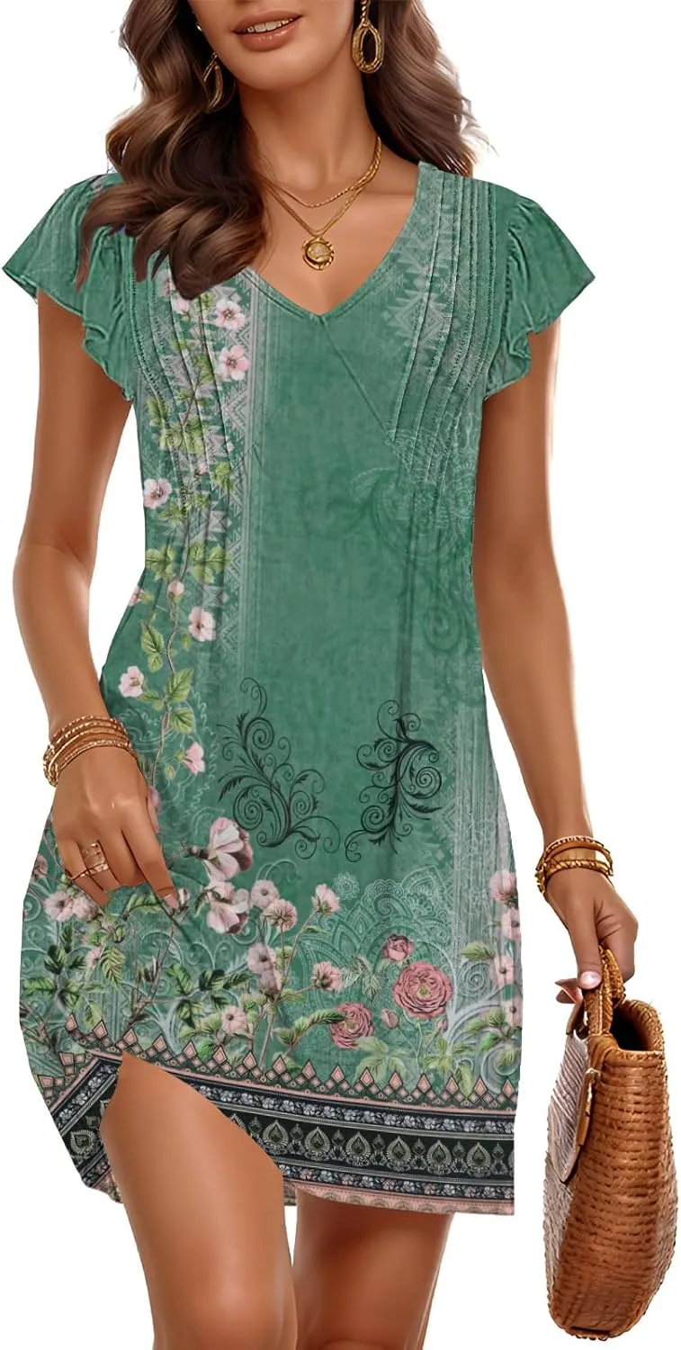 ETCYY Summer Dresses for Women 2025 Beach Casual V Neck Loose Sundress Ruffle Short Sleeve Mini Dress