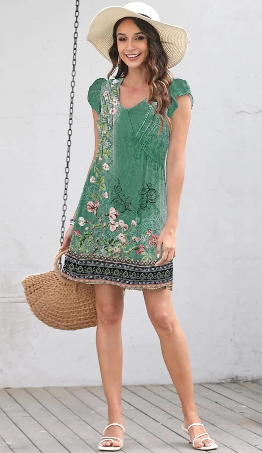 ETCYY Summer Dresses for Women 2025 Beach Casual V Neck Loose Sundress Ruffle Short Sleeve Mini Dress