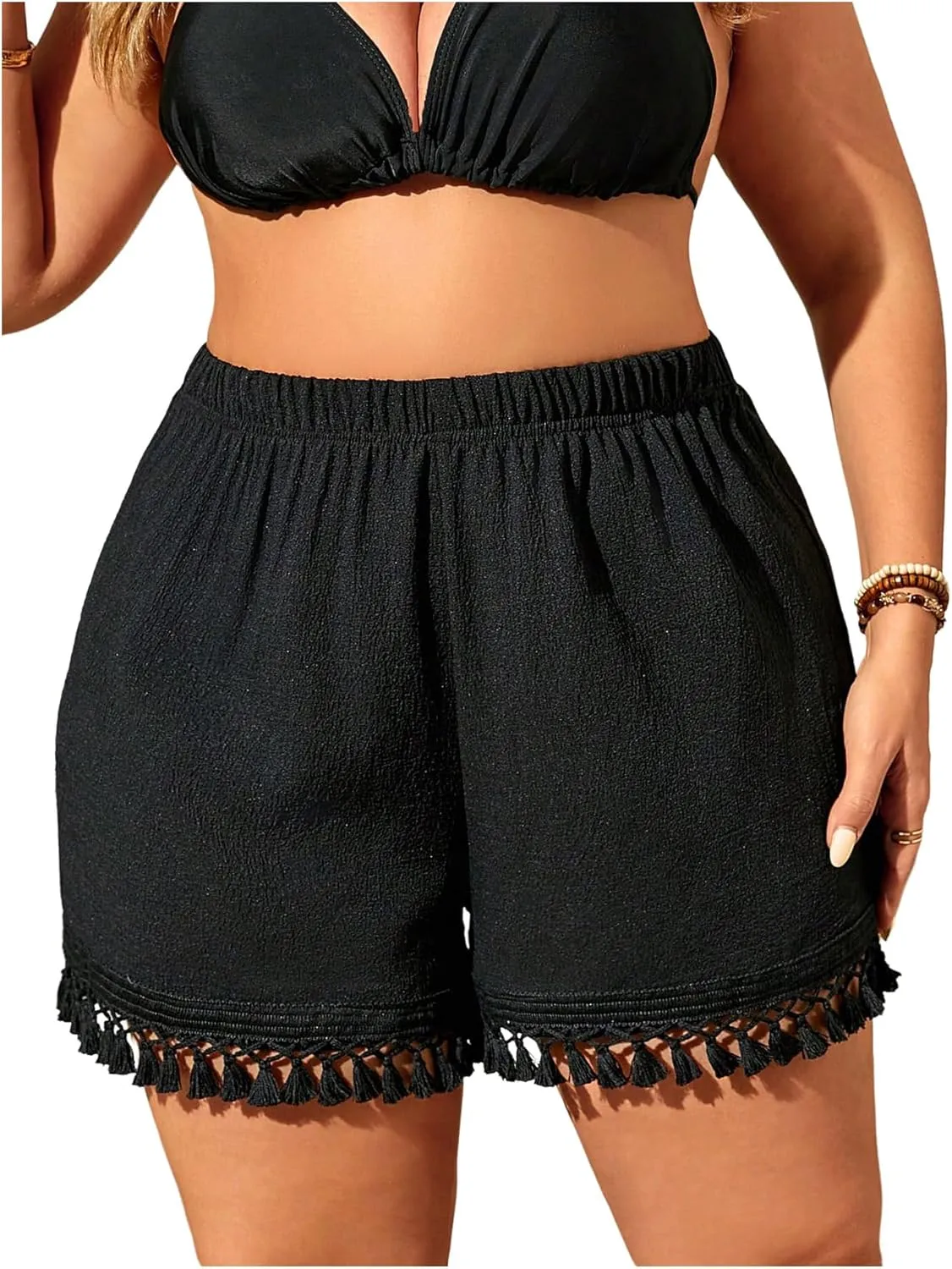 Floerns Women's Plus Size Swimsuit Fringe Trim Bikini Bottom Beach Cover Up Shorts