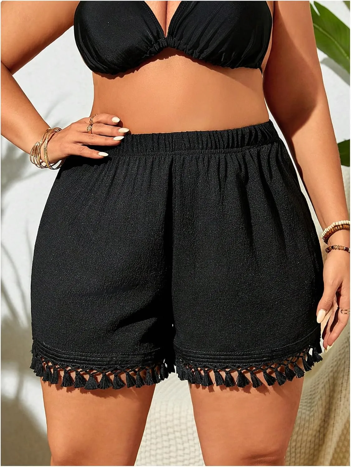 Floerns Women's Plus Size Swimsuit Fringe Trim Bikini Bottom Beach Cover Up Shorts