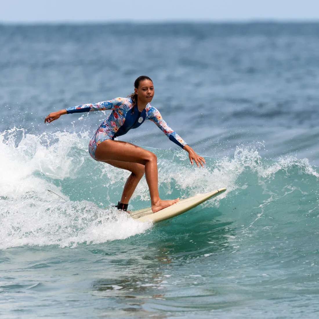 Girls’ surfing front zip long sleeve one-piece swimsuit - 500 blue