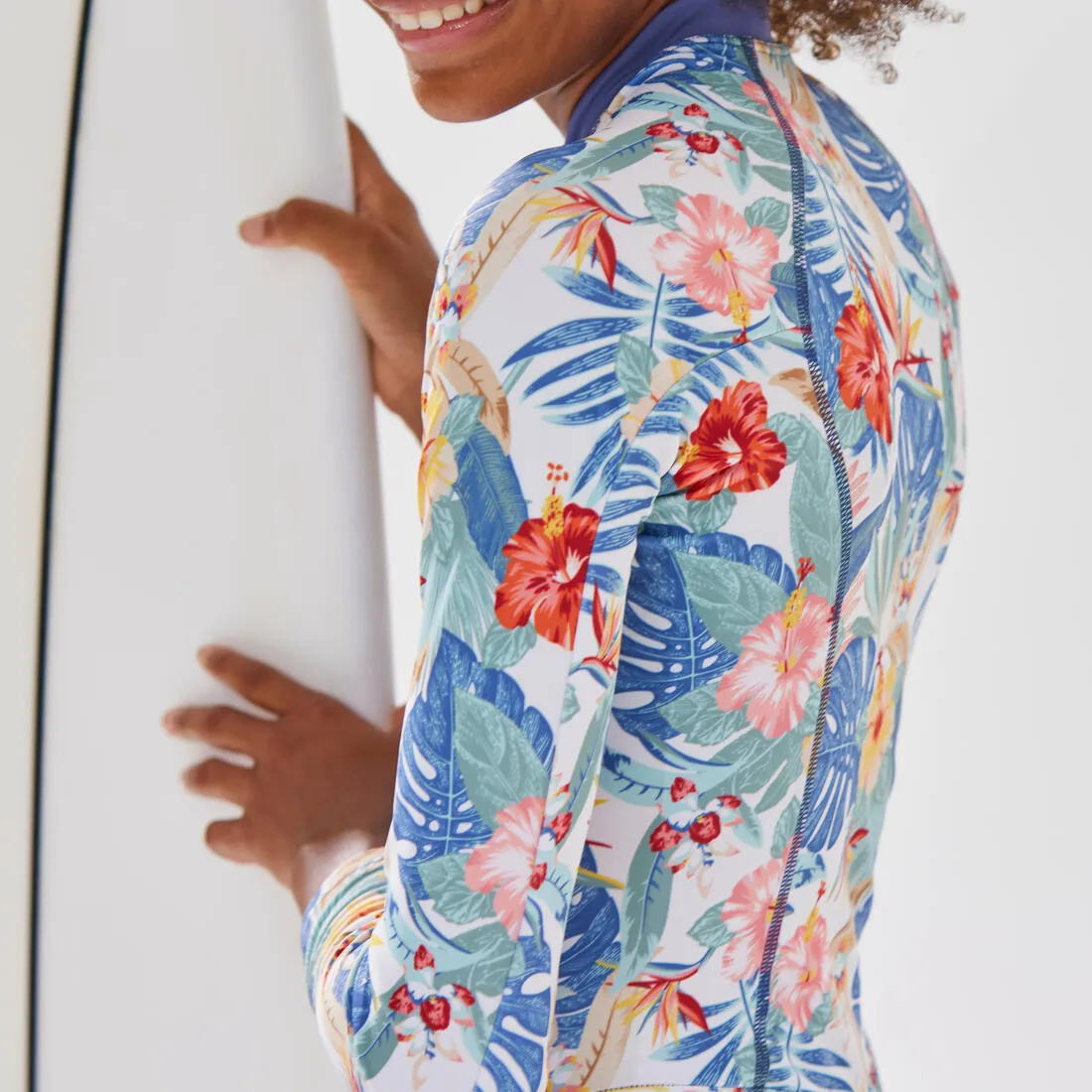 Girls’ surfing front zip long sleeve one-piece swimsuit - 500 blue