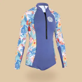 Girls’ surfing front zip long sleeve one-piece swimsuit - 500 blue