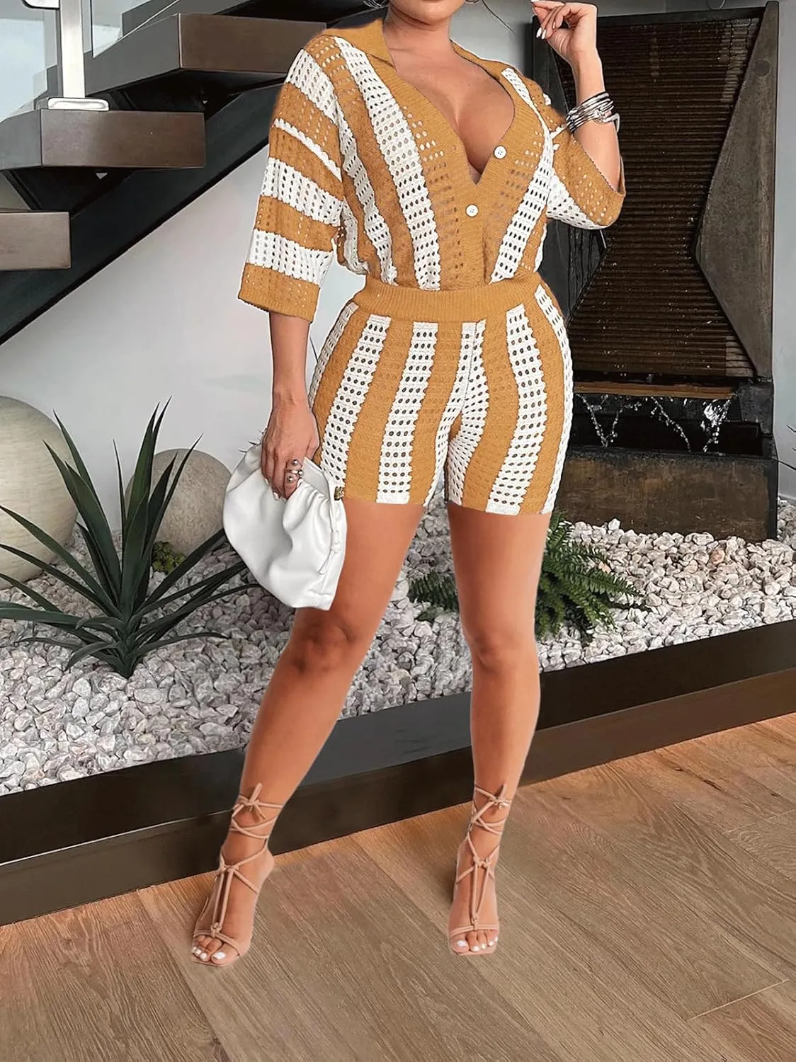 KANSOON Short Sets for Women 2 Piece Knit Crochet Beach Vacation Color Block V Neck Button Shirt Shorts Summer Outfit