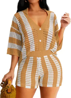 KANSOON Short Sets for Women 2 Piece Knit Crochet Beach Vacation Color Block V Neck Button Shirt Shorts Summer Outfit