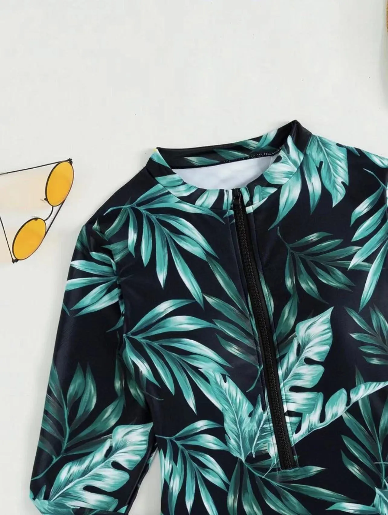 Long Sleeve Sexy Women's One Piece Swimsuit Leaf Print UPF50  Rash Guard