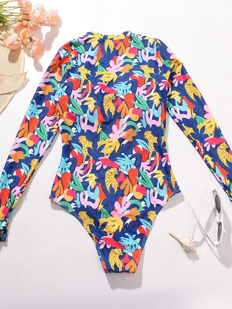 Long Sleeve Sexy Women's One Piece Swimsuit Leaf Print UPF50  Rash Guard