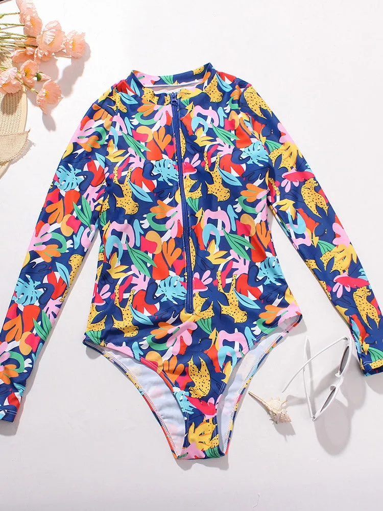 Long Sleeve Sexy Women's One Piece Swimsuit Leaf Print UPF50  Rash Guard
