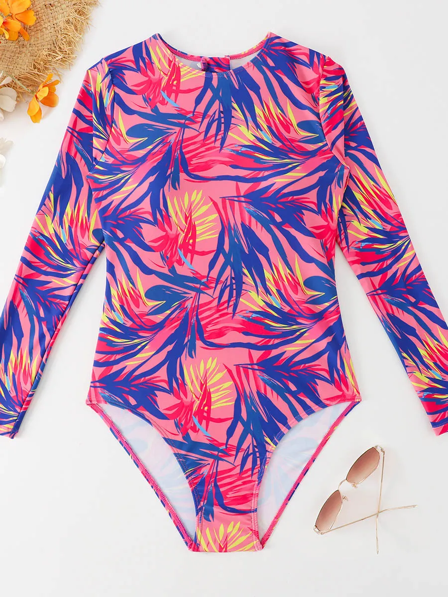 Long Sleeve Sexy Women's One Piece Swimsuit Leaf Print UPF50  Rash Guard