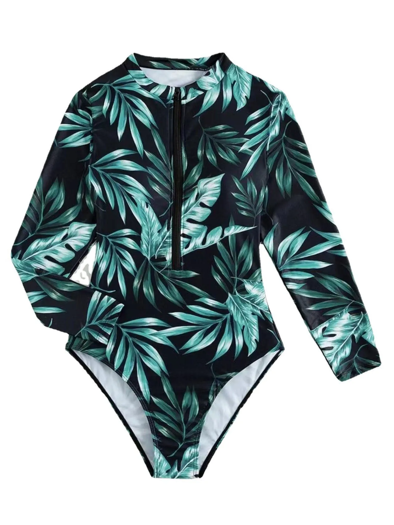 Long Sleeve Sexy Women's One Piece Swimsuit Leaf Print UPF50  Rash Guard