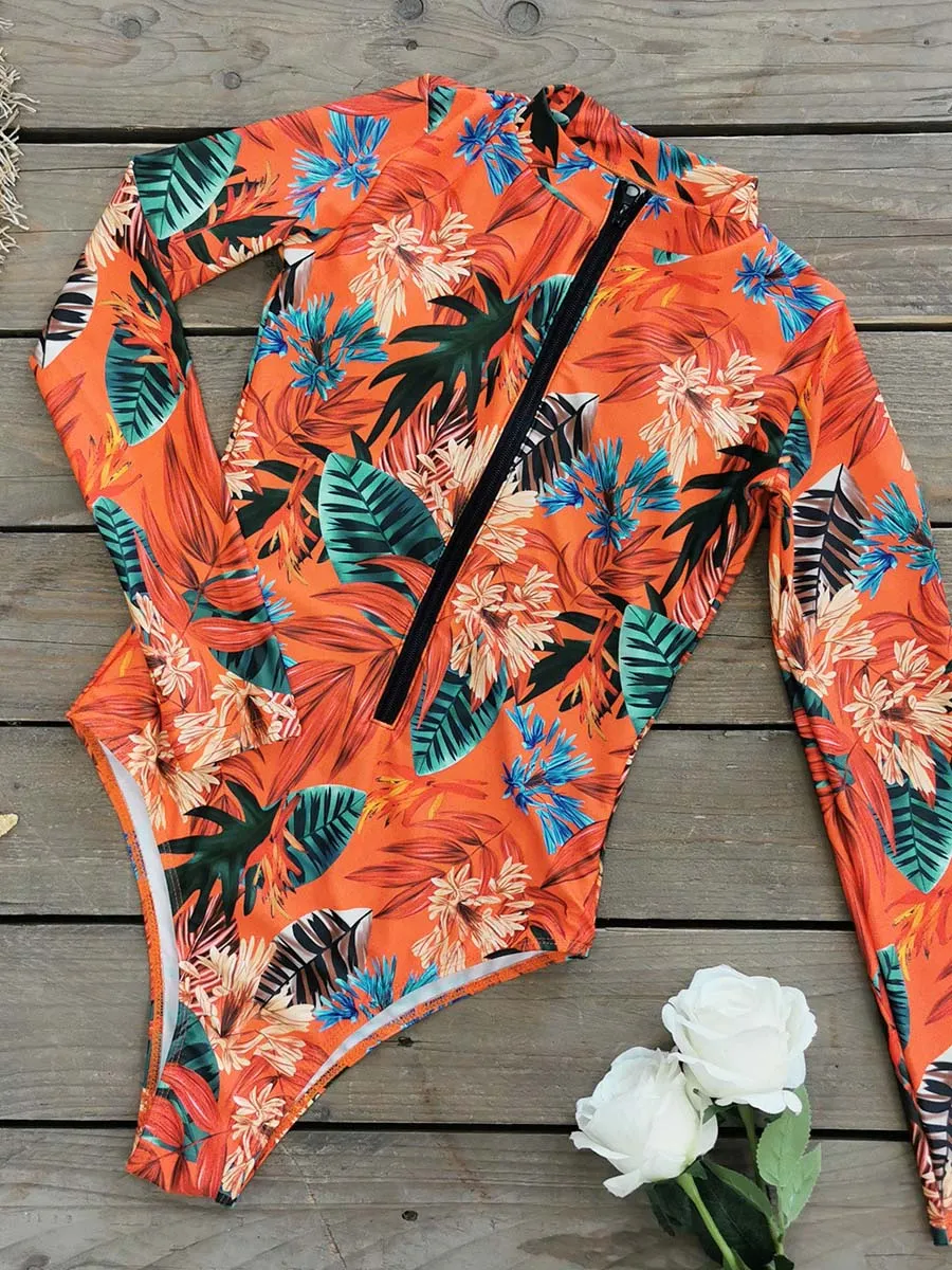 Long Sleeve Sexy Women's One Piece Swimsuit Leaf Print UPF50  Rash Guard