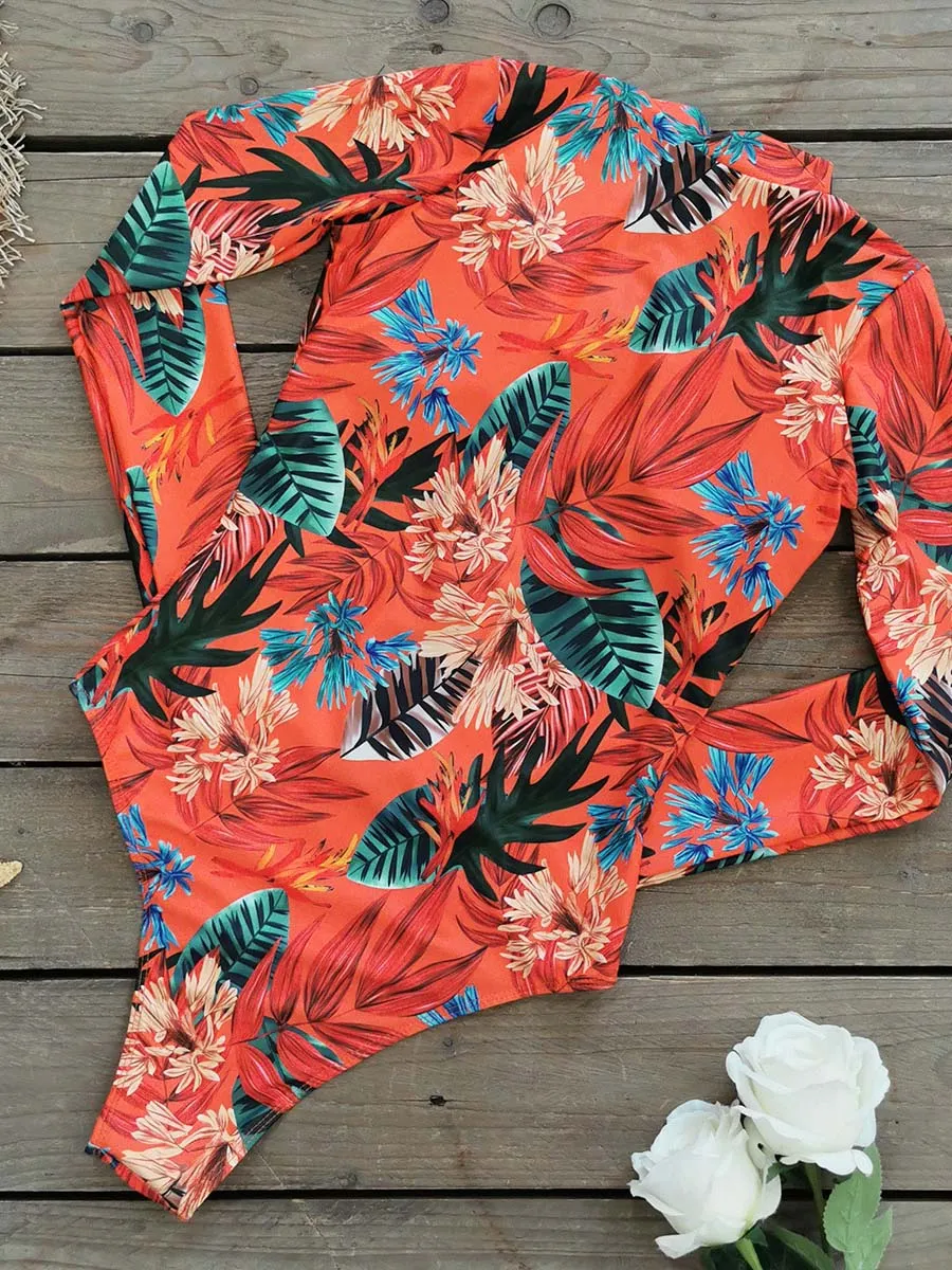 Long Sleeve Sexy Women's One Piece Swimsuit Leaf Print UPF50  Rash Guard