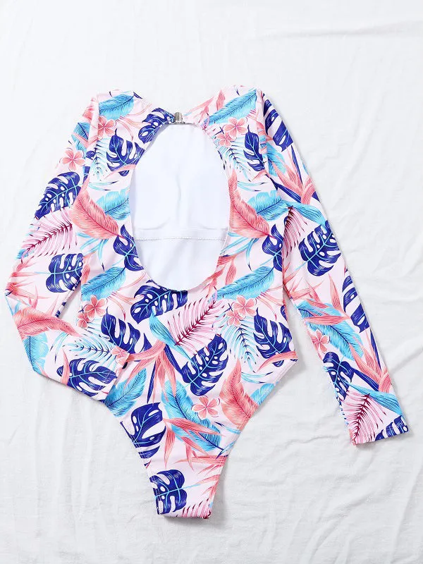Long Sleeve Sexy Women's One Piece Swimsuit Leaf Print UPF50  Rash Guard
