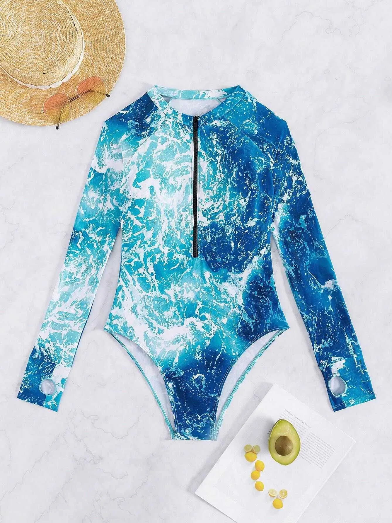 Long Sleeve Sexy Women's One Piece Swimsuit Leaf Print UPF50  Rash Guard
