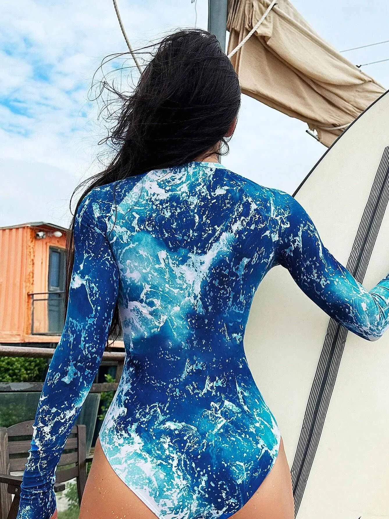 Long Sleeve Sexy Women's One Piece Swimsuit Leaf Print UPF50  Rash Guard