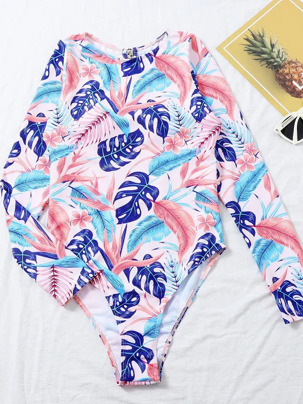 Long Sleeve Sexy Women's One Piece Swimsuit Leaf Print UPF50  Rash Guard
